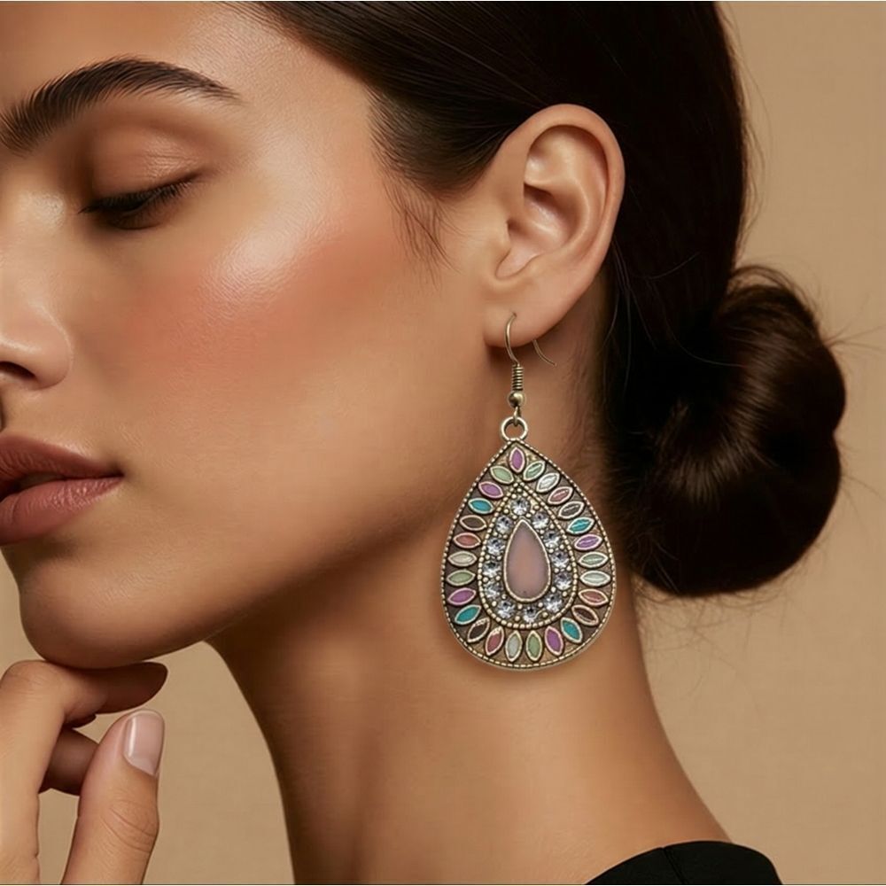 Boho Rhinestone Teardrop Mandala Dangle Earrings Earthy Western Festival Jewelry